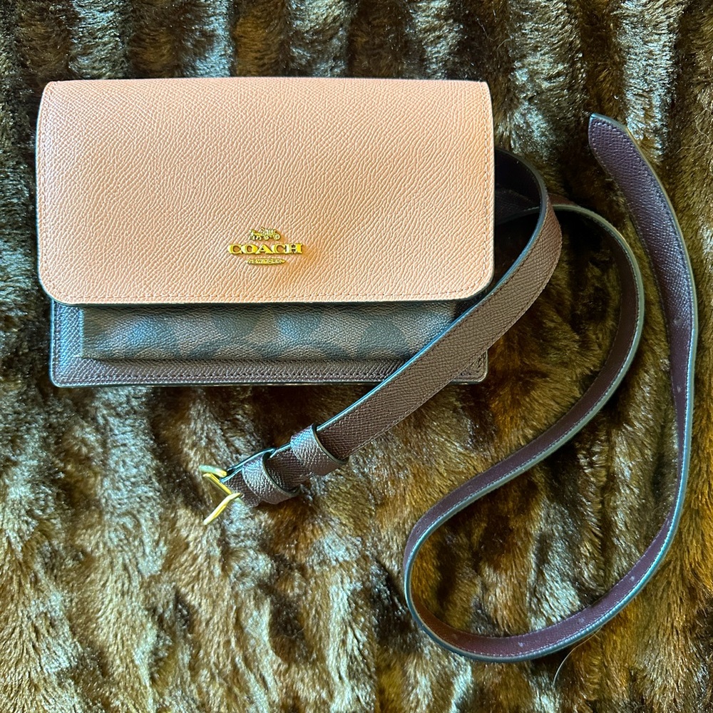 Coach Foldover Belt Bag In Signature Canvas & Snakeskin Print C7618